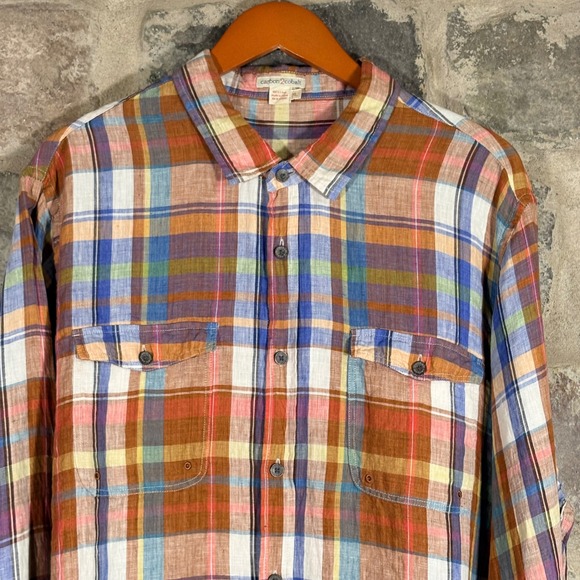 Carbon 2 Cobalt Men's Plaid Linen Long Sleeve Button Up‎ Shirt XL Orange Blue - Picture 6 of 13